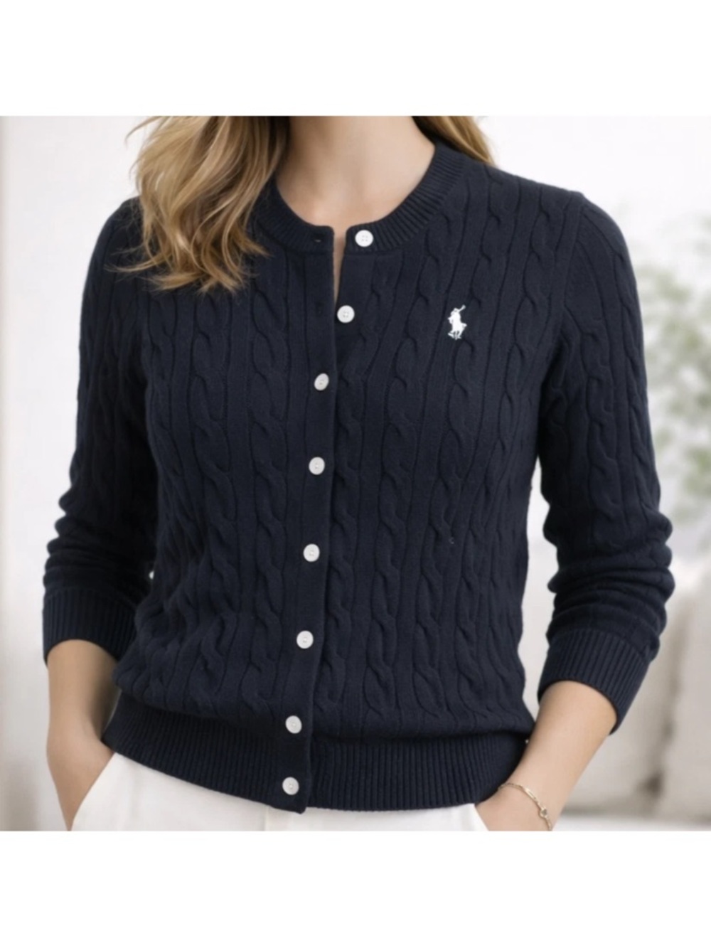 Ralph Lauren Sport Navy Cable-Knit Button Cardigan with Pony Logo brand new tags